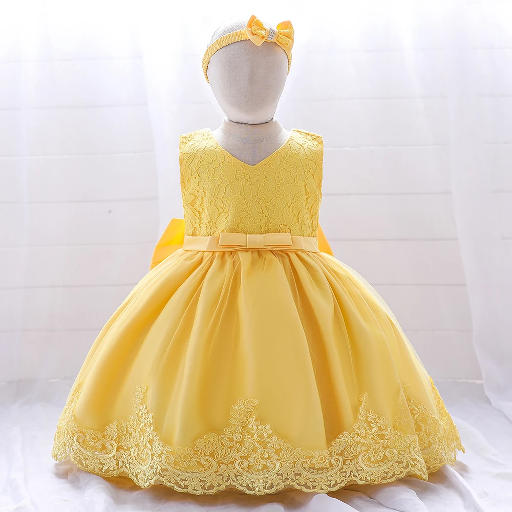 New Arrival Elegant Baby Girls Yellow Black Satin Dress with