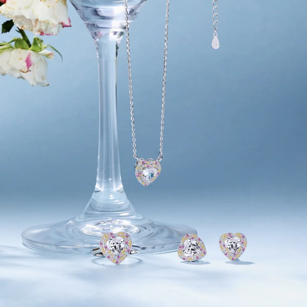 KAKODIY Dropshipping 925 Sterling Silver Heart Rainbow Jewelry Pink Stone Necklace Cubic Zirconia Necklace for Women detail 2