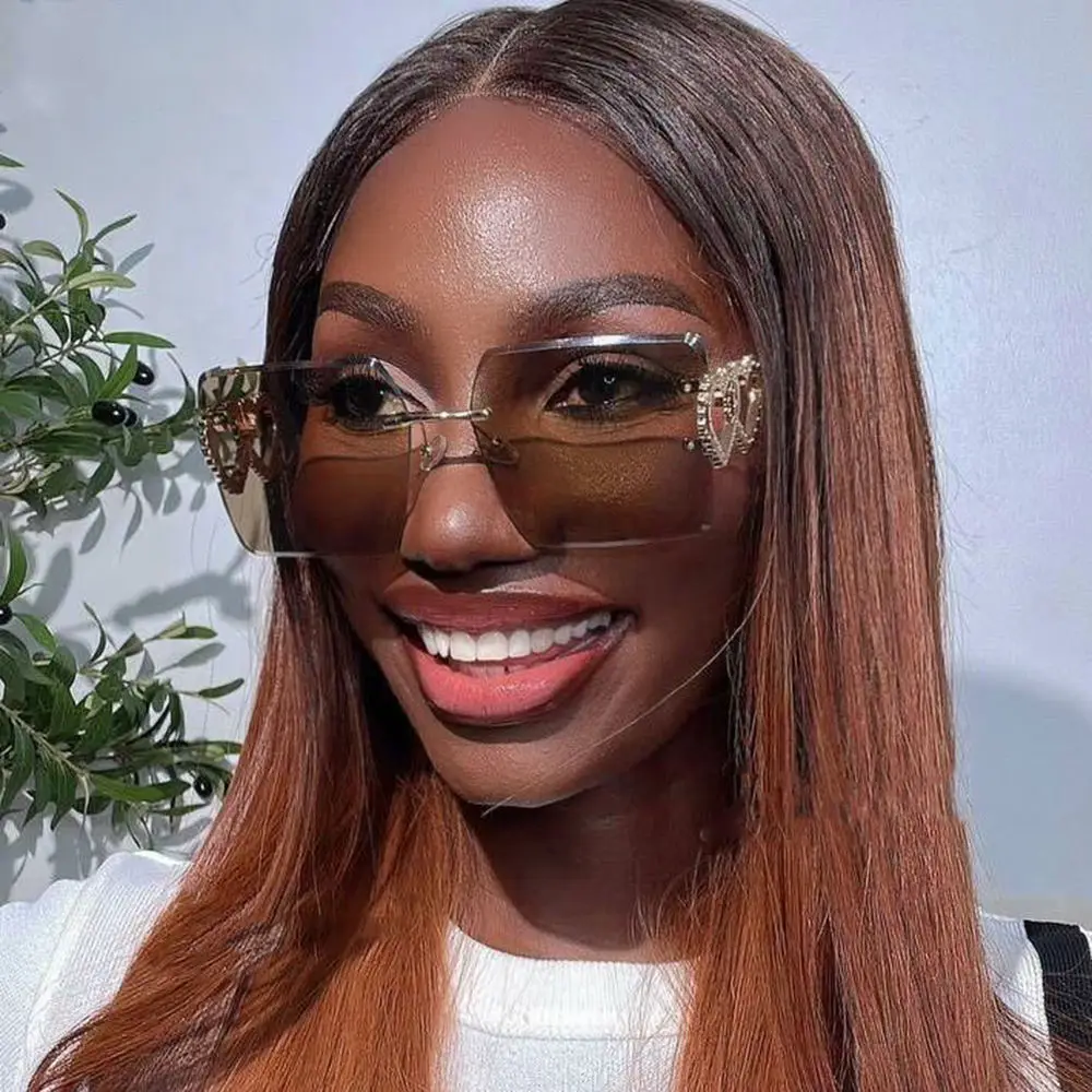 Oversized Frameless Square Gradient Sunglasses for Women Luxury Rimless Double Heart Arms Shades Beach Vacation Sun Glasses 2024