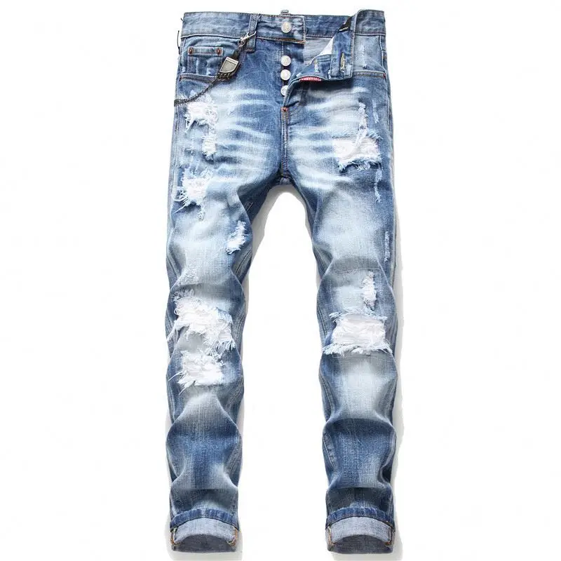 2020 New Mens Printed Washed Hole Jeans 