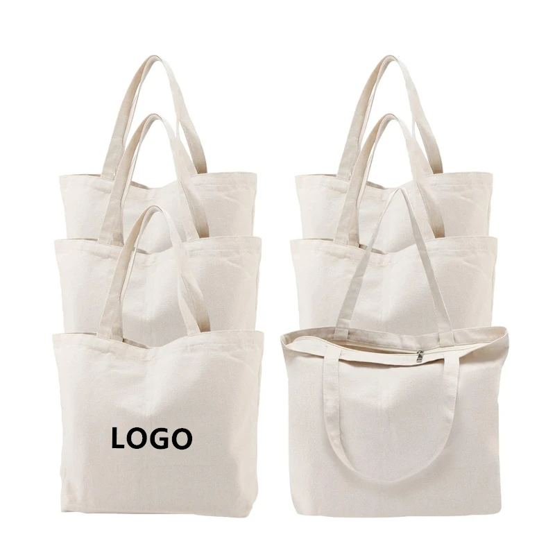 Wholesale Heavy Duty Plain Canvas Tote Bag with Zipper Inside Pockets for Shopping