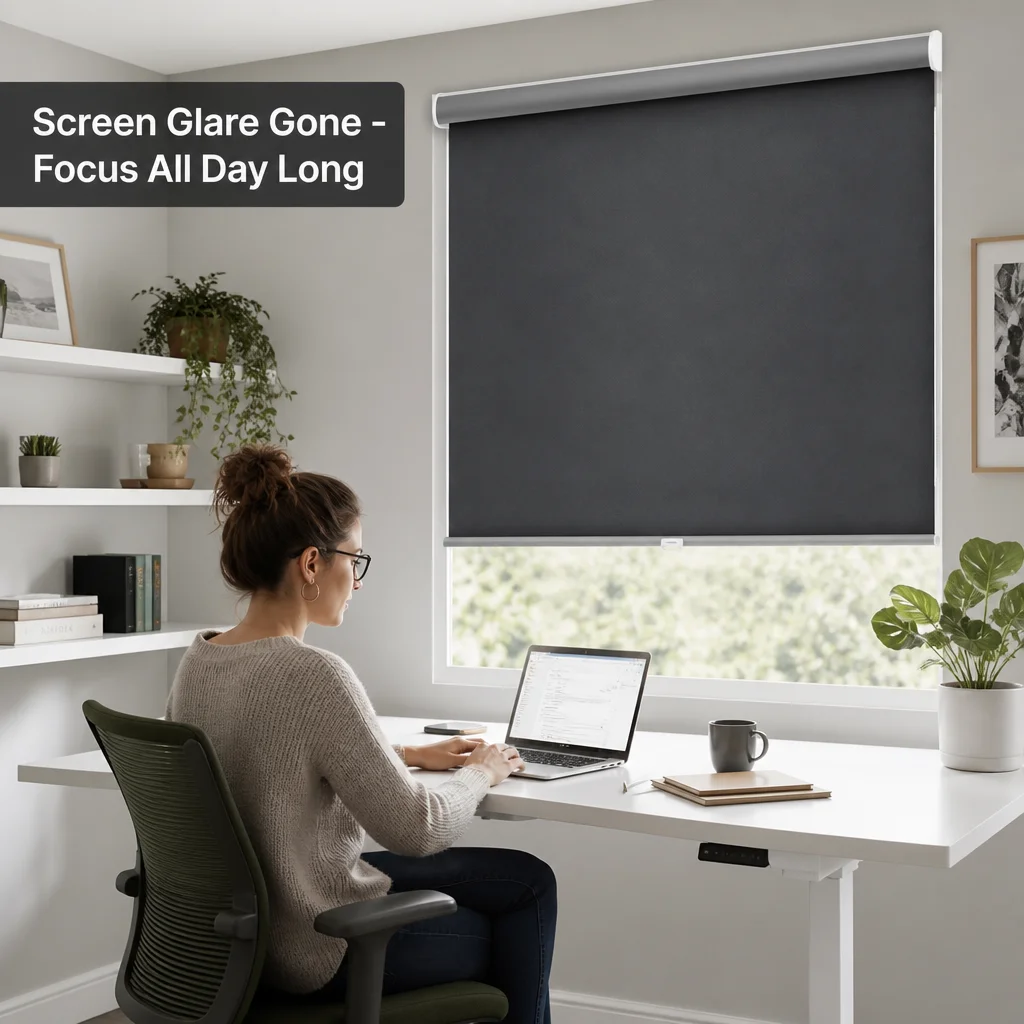 Roller Shades Cordless Semi-Blackout Dark Gray Woven Polyester Anti-UV Arc Headrail Push Latch Office Hotel Commercial Custom