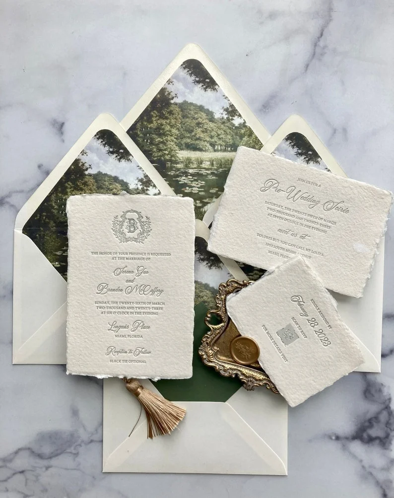 Custom Handmade Luxury Texture Classic Embossed Paper Letterpress Wedding Invitations Card With Initials