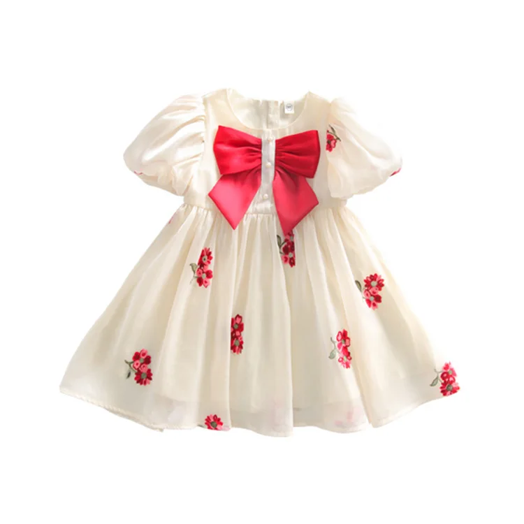 Latest Dress Designs Short Puff Sleeve Girls Fancy Frocks Embroidery Summer Dress for Children