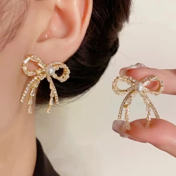Wholesale Needle Zircon Bow Earrings for Women Delicate Fashion Studs With Gold Plating