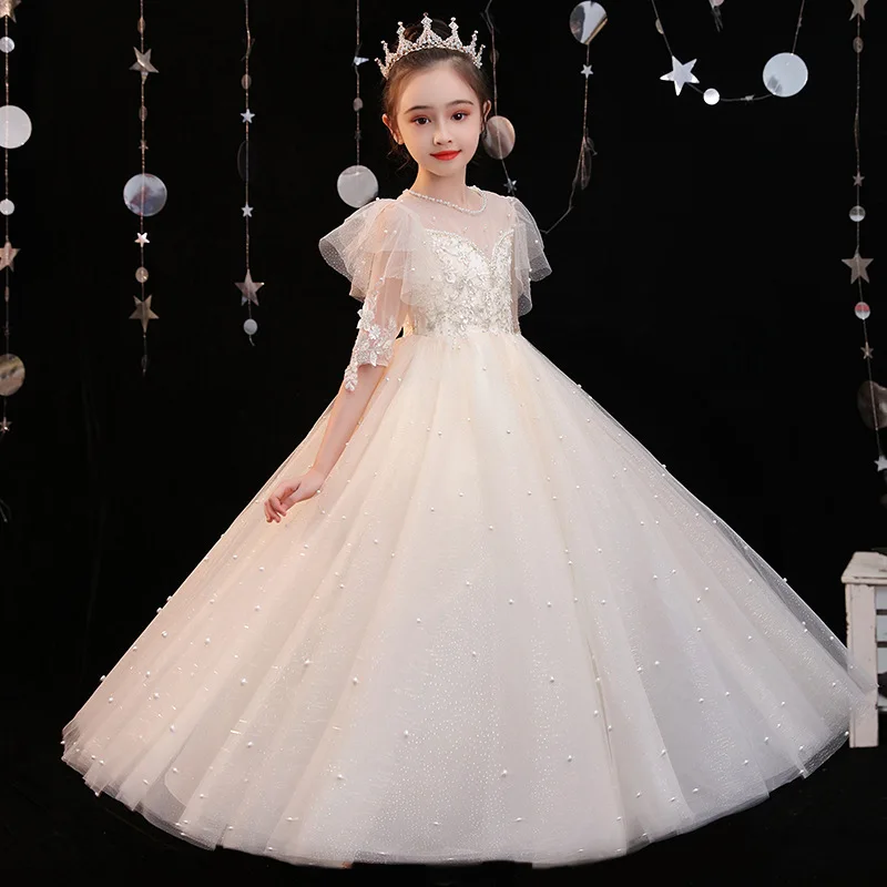Elegant Kids' Dress with Flower Long Lace Perfect for Parties - Main Image