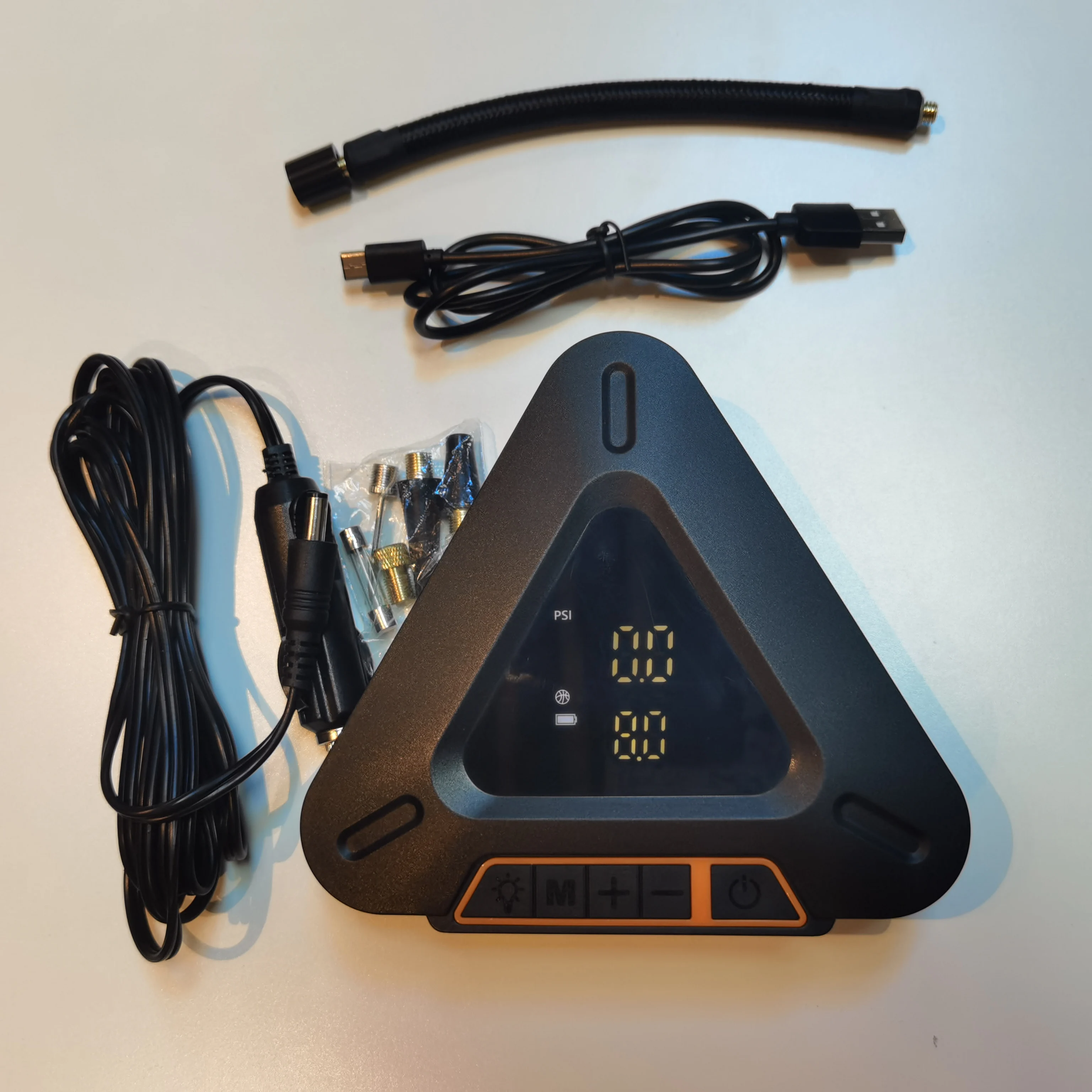 Triangle Shape Tire Inflator Newest 150PSI Rechargeable Air Compressor 12V Cable USB Charging Line Auto Stop Mini