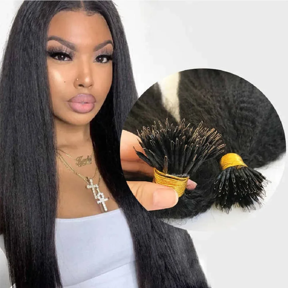 Microlink Nano Extensão de Cabelo Humano Kinky Straight Brazilian Remy Beads Grosso Italiano Yaki 100g 100 fios_voghion.com