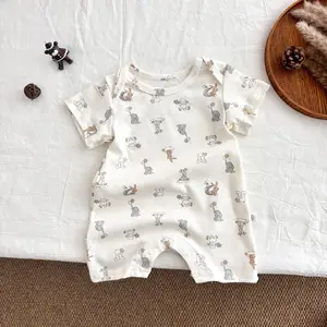 Unisex Summer Outfit 100% Cotton Nordic Style Short Sleeve Casual INS Inspired Rompers Cartoon Print Knitted Crawling Suit for