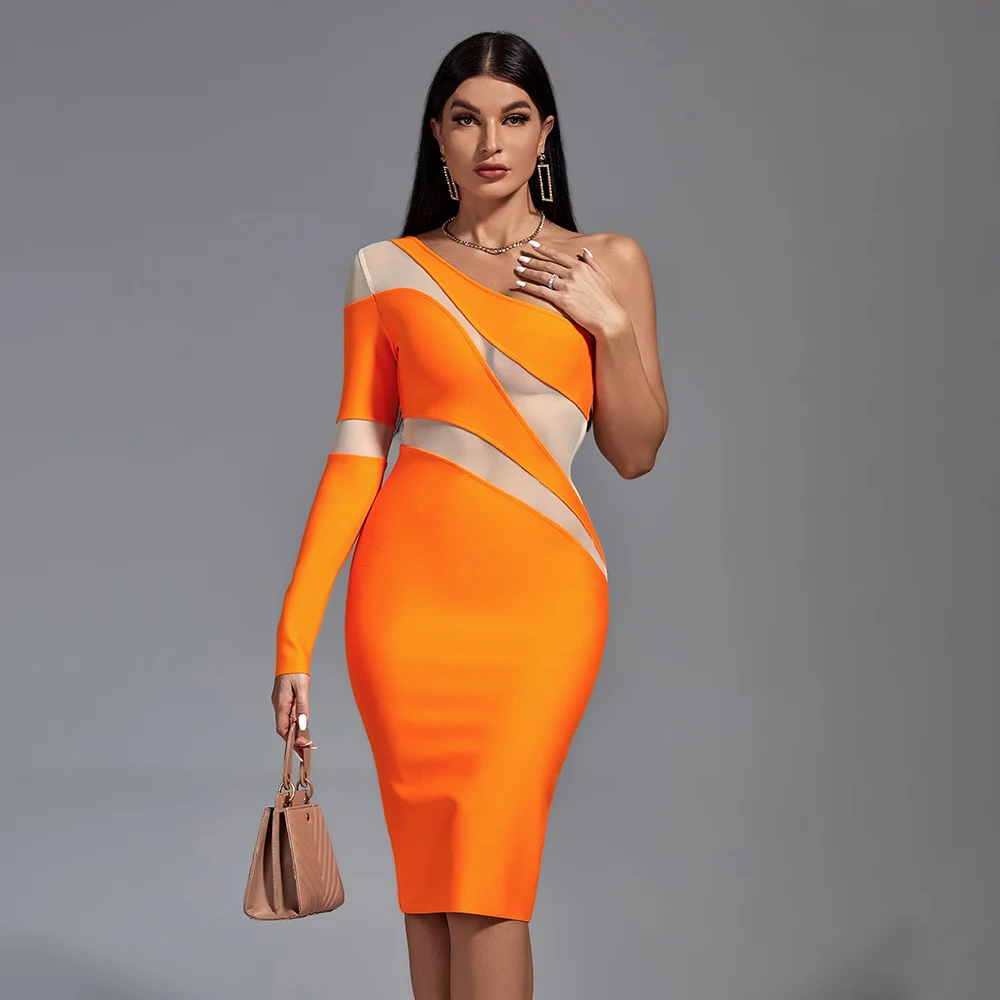 Ocstrade Sexy Mesh Bandage Midi Dress Orange Oblique Neck One Shoulder Party Dresses Elegant