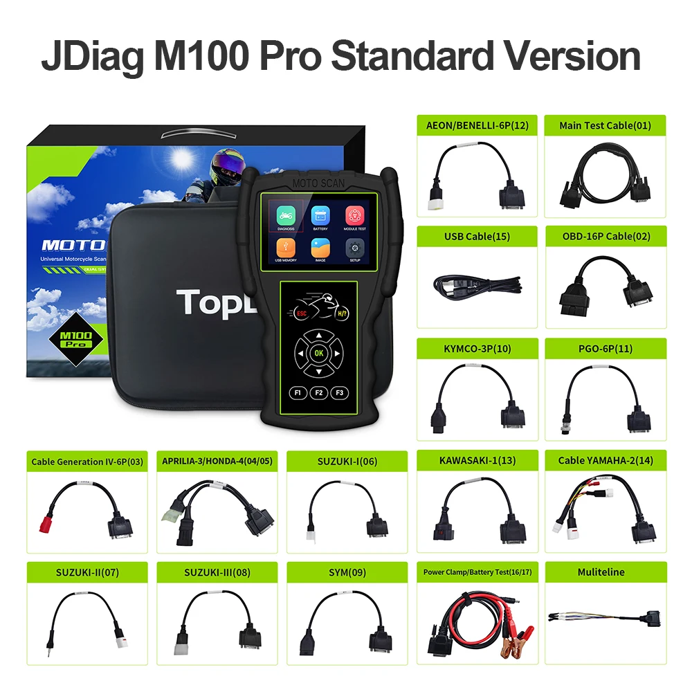 JDiag M100 Pro Motorcycle Scanner Full Version 2in1 Professional OBD2 Diagnostic Scanner Support 12V Battery Analyzer Tester