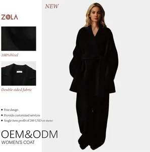 Women's Double Sided Woolen Coat Handmade Eco-Friendly Keep Warm Casual Outerwear Notched Collar Belt Closure Pocket Winter Dark