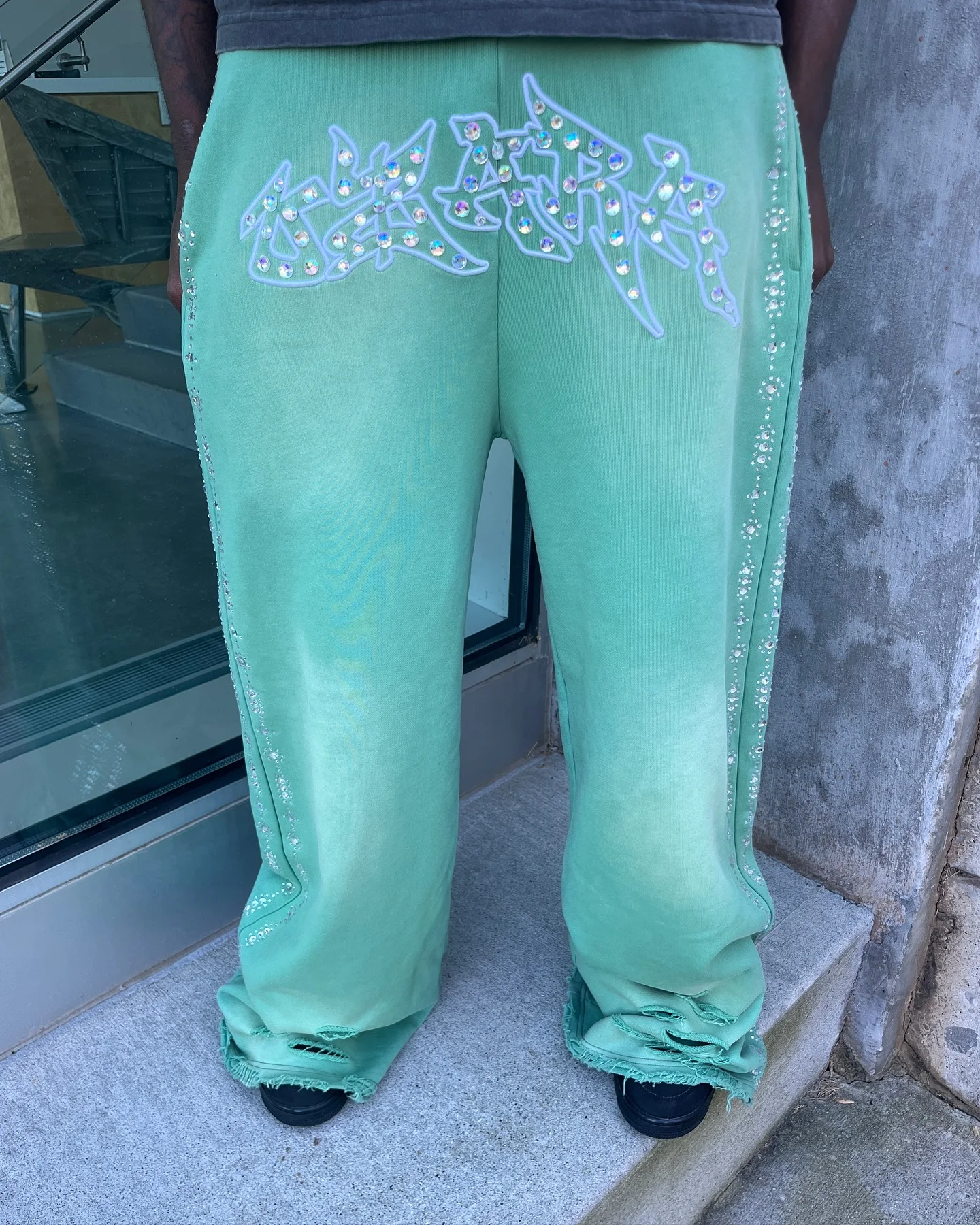 Salati Custom Track Pants 400 GSM Embroidered Boot Cut Sun Faded Rhinestone Acid Wash Straight Leg Flared Baggy Men's Sweatpants gallery 11