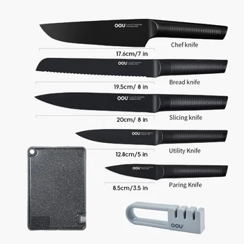 OOU Luxury BO Oxidation Patent 7pcs Kitchen Knives Set Stainless Steel With Knife Sharpener
