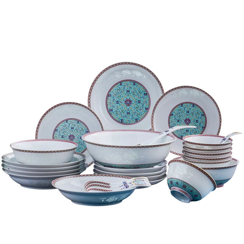 Jingdezhen underglaze colored exquisite bowl and dish set household bone porcelain tableware bowl and chopstick combination