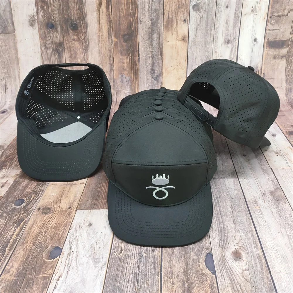 High Quality Custom Rubber Patch Performance Snapback Golf Hat Flat Bill Perforated Cap Hat