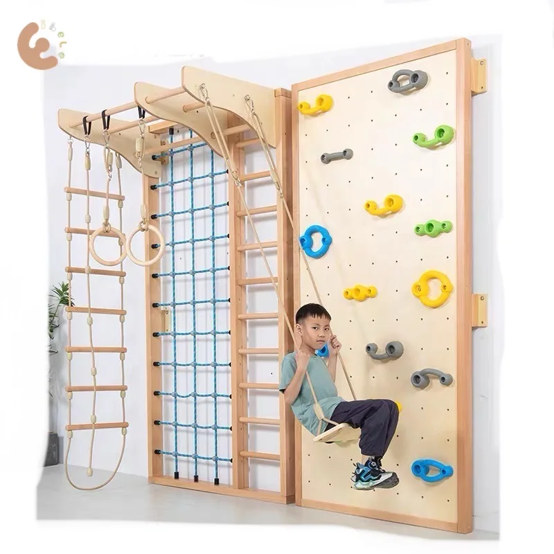 Eibele Wooden Ladder Wall Mounted Stall Bar Kids Gymnastic Wall Gym Indoor  Climbing Wall Climbing Frame with Swing for Toddlers