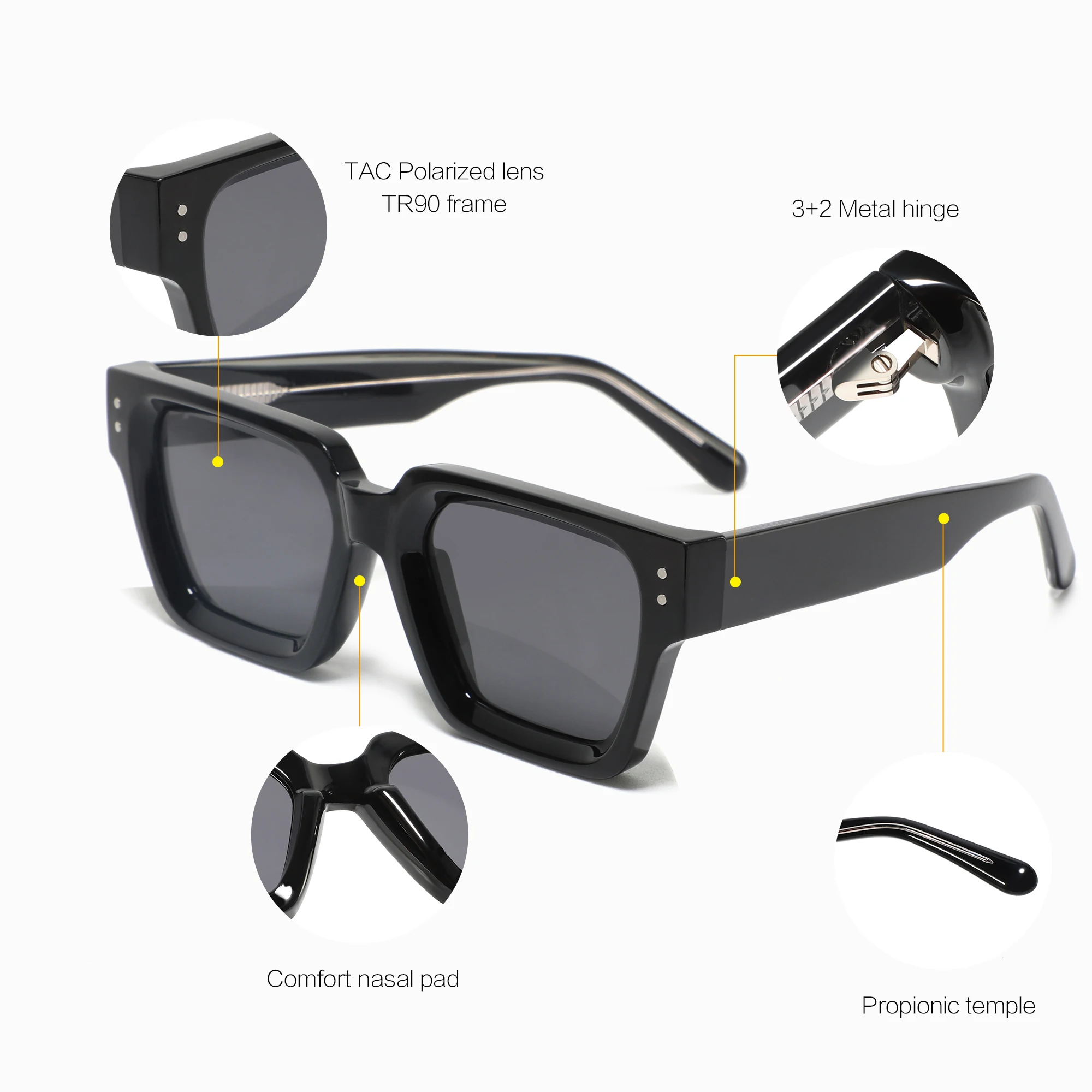 Polarized Square Sunglasses UV400 TR90 Frame Acetate Temples Matte Black Hipster TR90 Square Tinted Sunglasses with Blue  main image 2