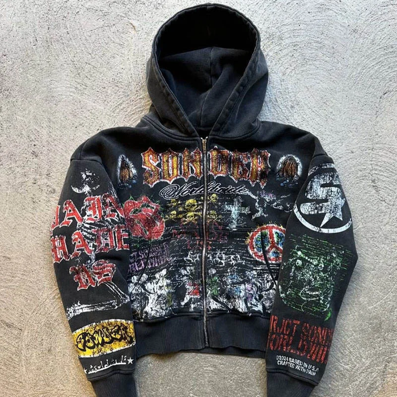 Cropped Heavyweight 420 Gsm Long Flared Sleeve Zipper up Heavyweight French Terry Boxy Fit Graphic Oversized Hoodie for Men gallery 3