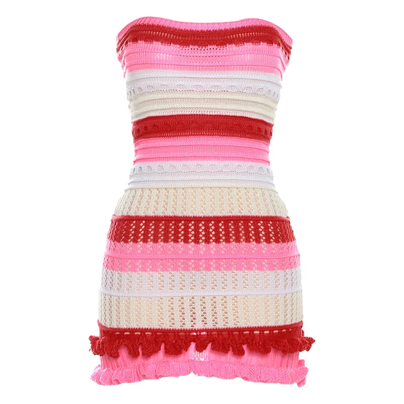 Striped Hollow-out Bodycon Mini Dress  Crochet & Digital Print