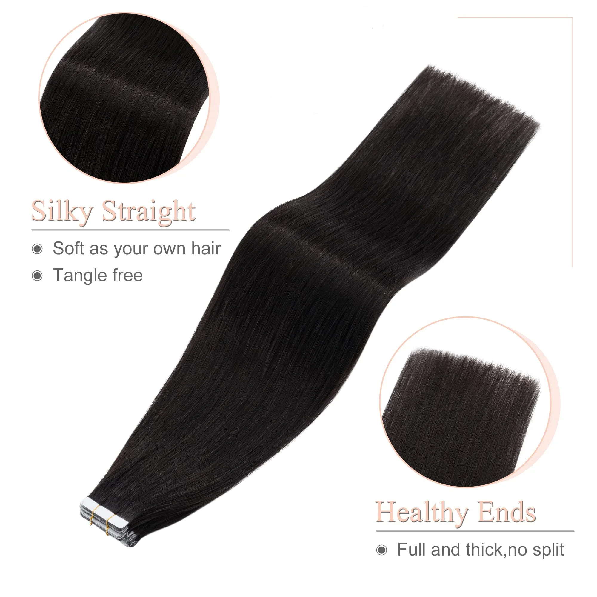 Fita reta em extensões de cabelo humano preto natural #1B Remy cabelo pele sem costura trama fita extensões mulheres_voghion.com