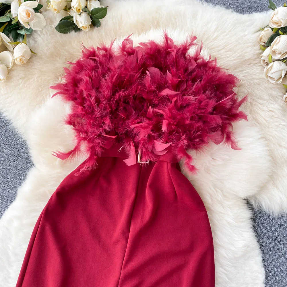 Luxury Feather Tassel Tube Top Jumpsuit Women High Waist Slimming