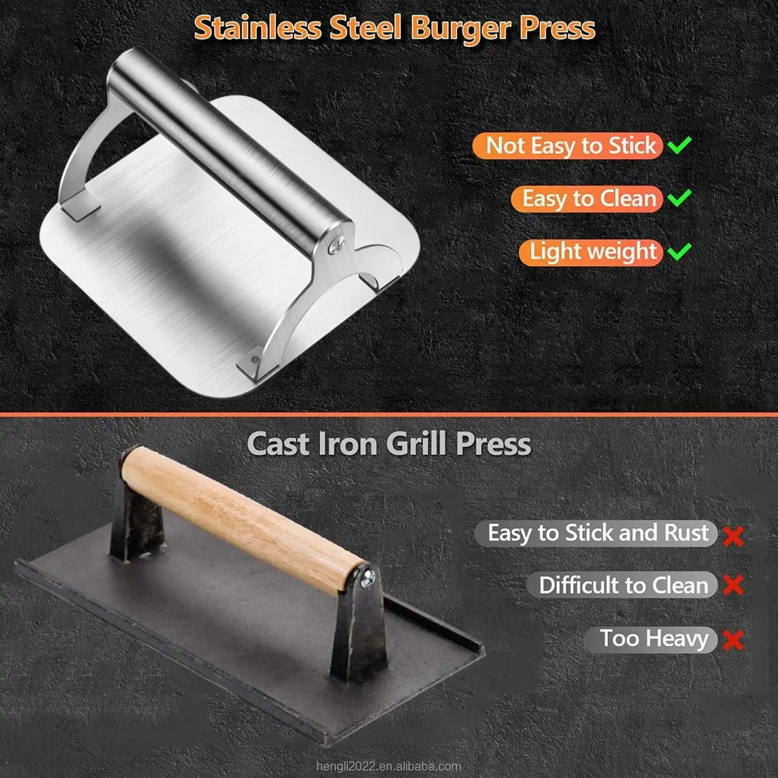 Burger Press Stainless Steel Burger Smasher Tool Smooth Non-Stick