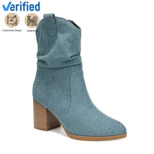 Stylish Blue Denim Slouch Ankle High Top Boots for Women Pointed Toe Slip-On Closure Height Increasing Comfort for Winter