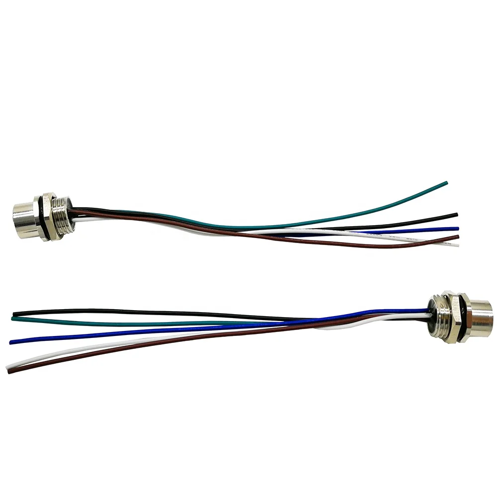 M12 Female Front Panel Mount Connector With Preassembled Wires Pigtail