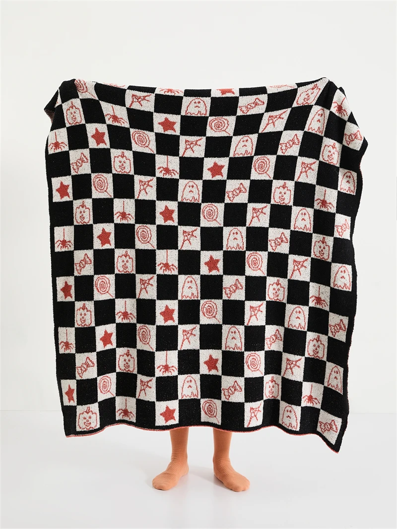 Super Soft Halloween Pumpkin Gremlin Candy Checkerboard Microfiber Knitted Throw Blanket Festival Kids factory