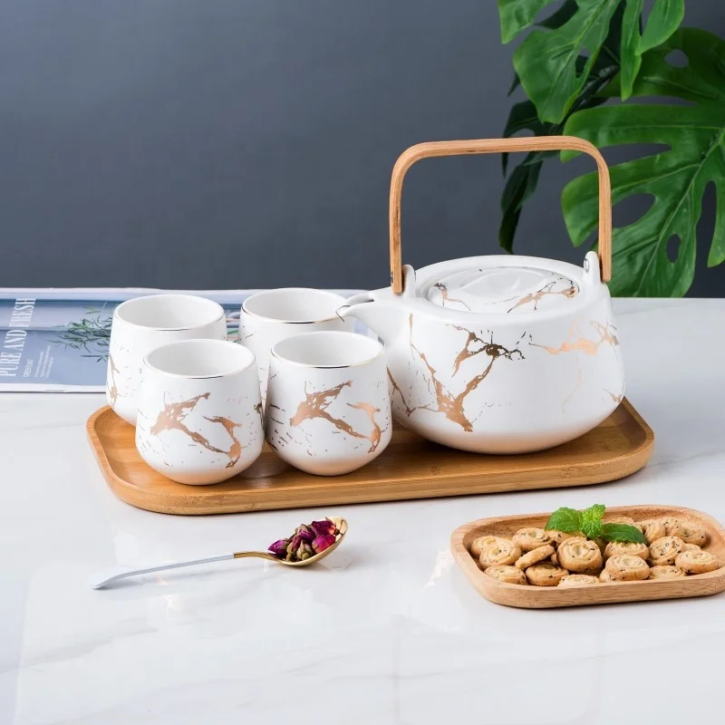 New Designs Marble Pattern Porcelain 6 Pieces Coffee Cup Ceramic Tea Pot Set