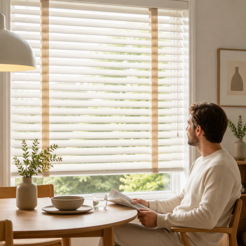 Wood Venetian Blinds Horizontal Simple 50mm Painted White Wide Herringbone Ladder Tape Pull Cord Custom Size Dining Room OEM