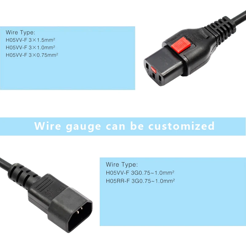 European Standard 10A IEC C14 to C13 Power Supply Cord with Push Lock Extension Cord
