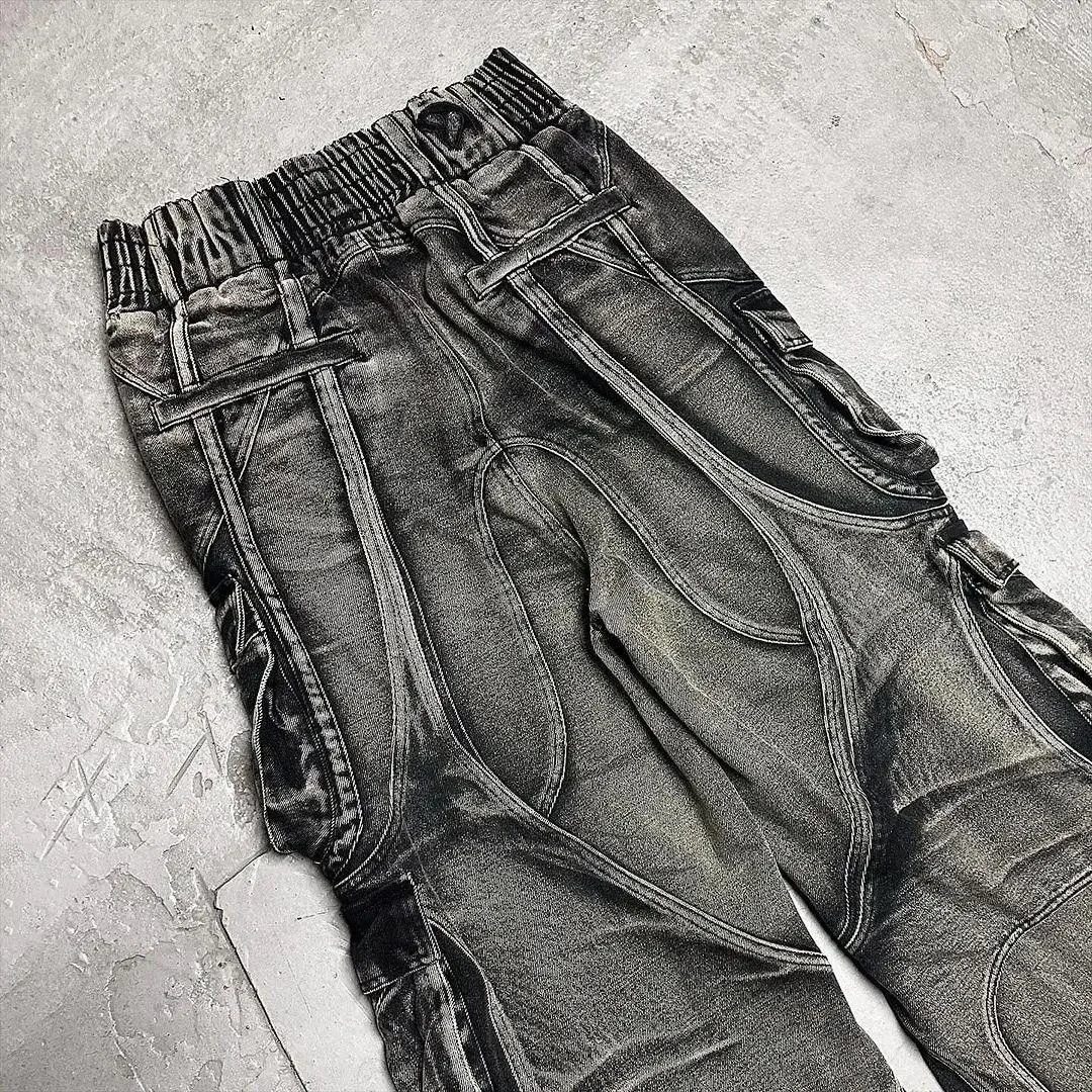 Salati Y2K Men's High Baggy Jeans Hip Hop Punk Stonewash Sun Faded Stone Wash Vintage Distressed Cargo Trousers Button Print gallery 3