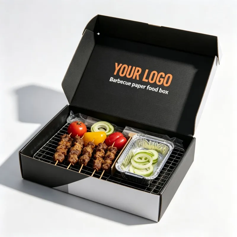 Lebensmittelgeeignete schwarze Wellpappe-Grillbox, umweltfreundliche, lebensmittelgeeignete Box zum Mitnehmen für Sushi, matt laminierte Papierverpackung