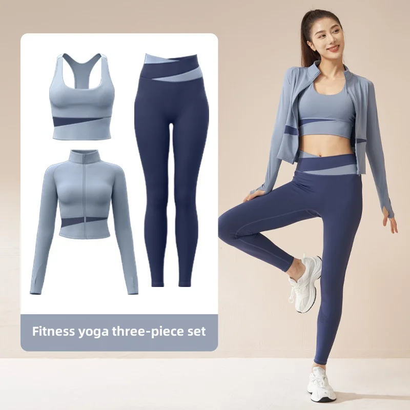 Großhandel Fitness 3-teiliger Damen-Gym-Yoga-Trage Set Workout Langärmelig Sportanzug Kapuzenpullover Yogaset