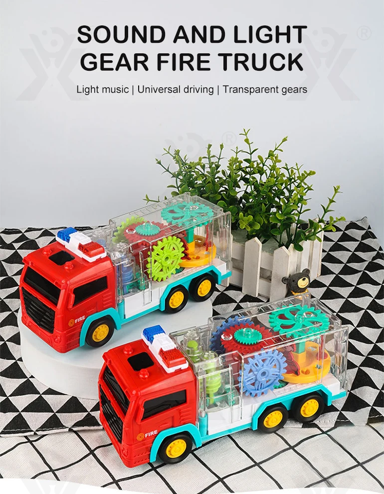 Chengji new educational battery operated gear fire truck toys colorful lighting effect transparent electric car toy