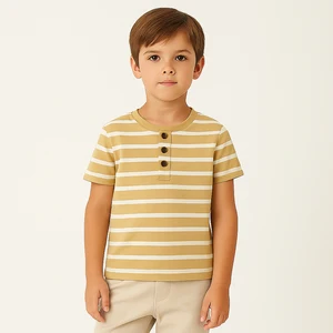 OEM Children Clothes Wholesale Boys Short Sleeve Henley Neck Stripe T-Shirt Cotton Summer Tee for Kids