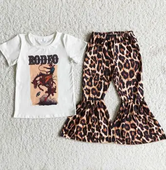 Summer Baby Outfits 2022 Custom Kids Toddler Girls Boutique Clothing Sets Rodeo Leopard Bell Bottom Pants set