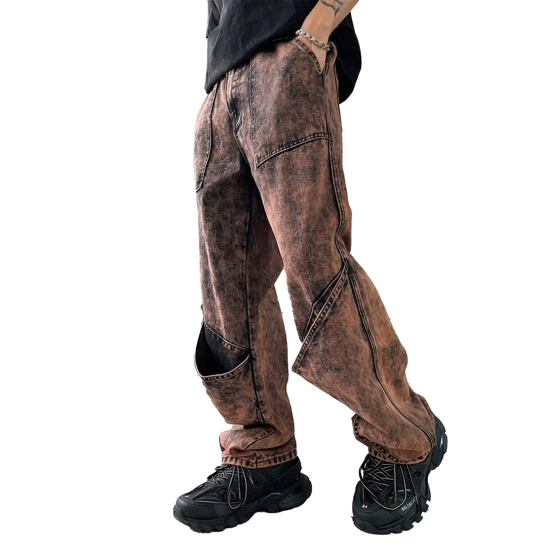 XUCHANG Men Fashion Streetwear Custom Stone Washed Denim Straight Leg Cargo Jeans Pants