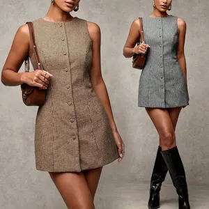 Huili Manufacturer Custom 2025 Office-Friendly Plaid Round Neck Waist Button Sleeveless Elegant Sophisticated Mini Sheath Dress