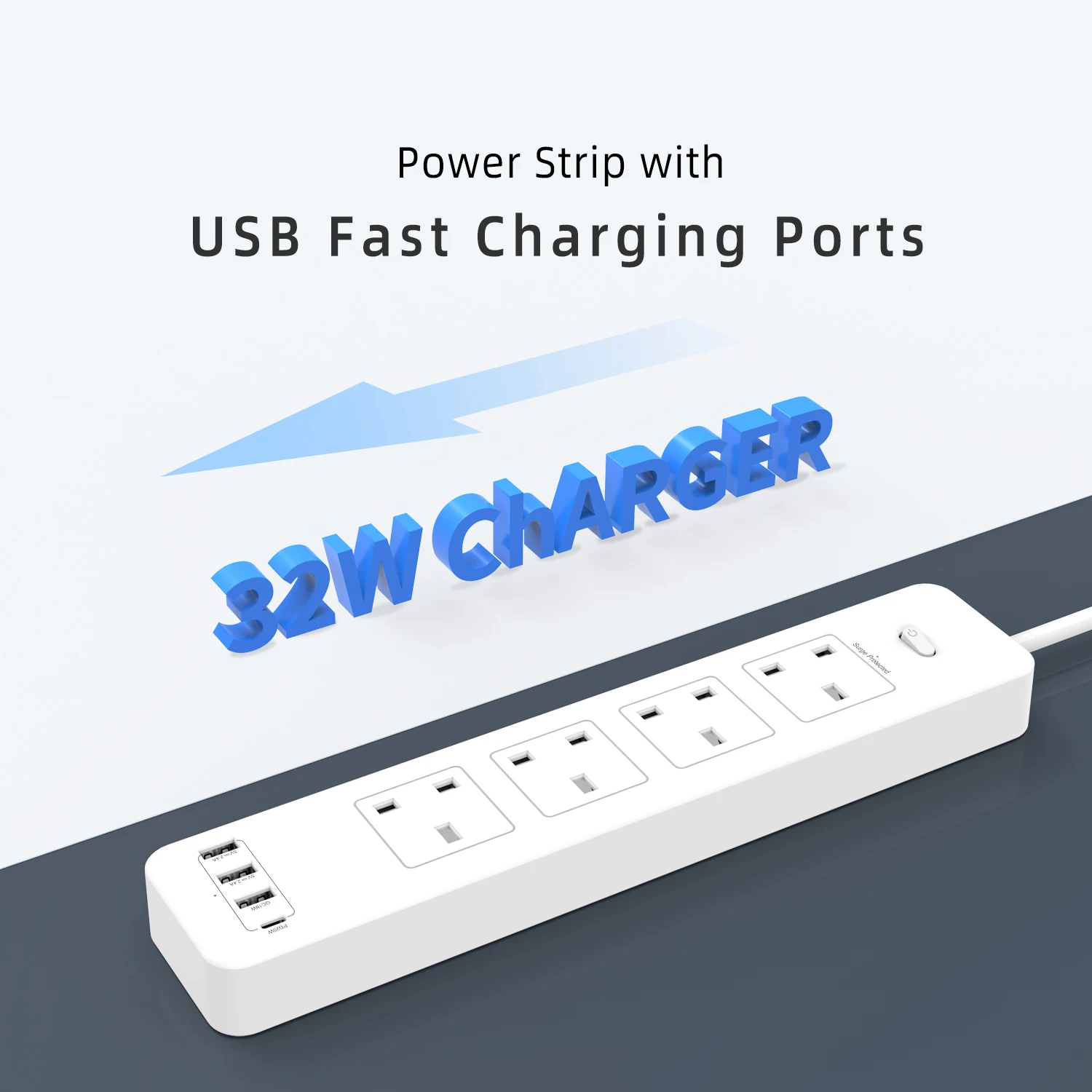 4way Outlets Power Strip Extension Lead With Usb C Wall Mounted Plug