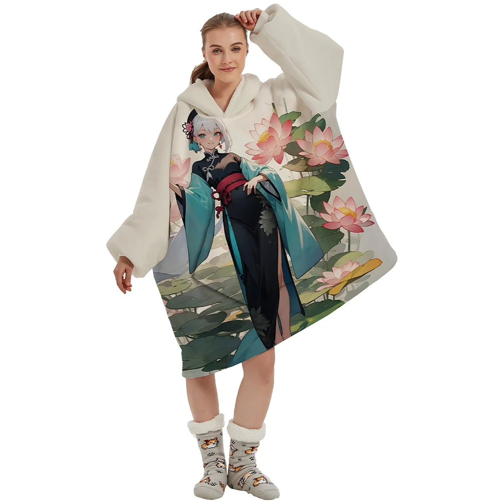 Original Factory Custom Anime Design Sherpa Sweatshirt Wearable Hooded Blankets Oversized Hoodie Blanket