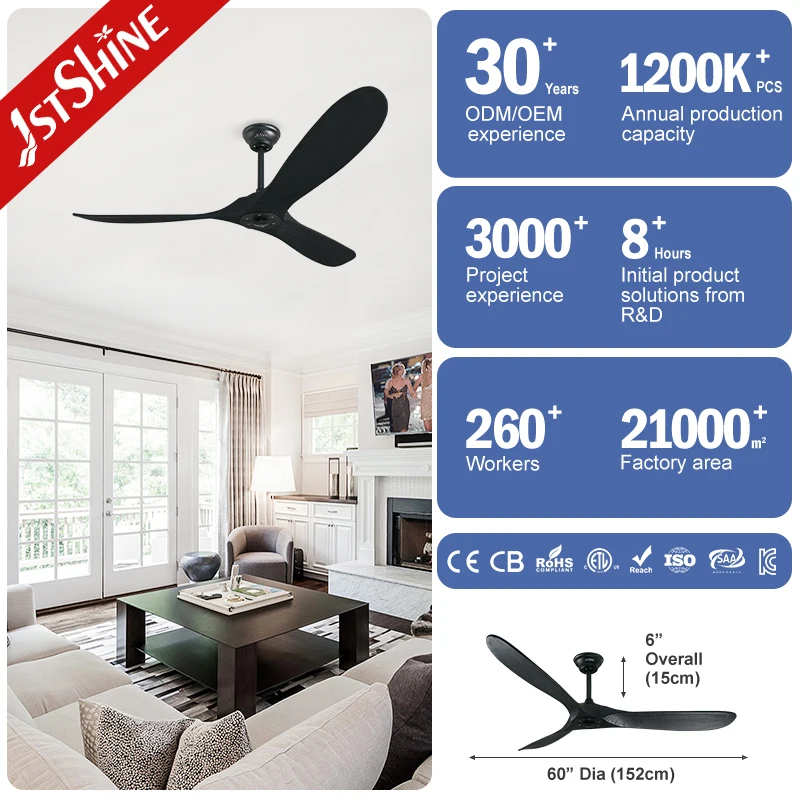 1stshine 60Inch Solid Wood Ceiling Fan for Living Room Matte Black Oem China Supplier Fan Ce Certified