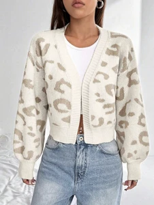 Autumn Winter Fashion Leopard Jacquard Crop Long Sleeve Rib Hem Plus Size Cardigan Sweater Women