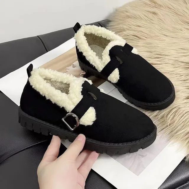 Women's Winter Lamb Edamame Design Furry Shoes Buckle Style Cotton Warmth Fleece-Lining Height Increasing Fashion Fur for
