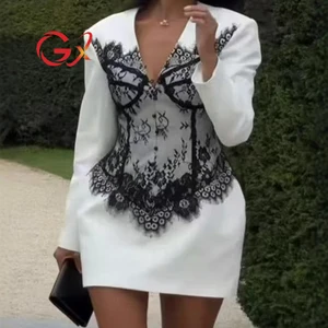 GX8520 Fashion 2026 Fall Ladies Street Wear Sexy Long Sleeve V-Neck Lace Matching Evening Mini Dress Sexy Party Dresses