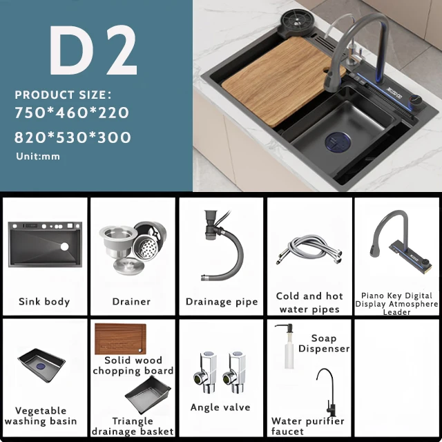Discount Luxury LED Digital Display Waterfall Kitchen  Smart Kitchen Sink Bathroom Sinks Sink Kitchen