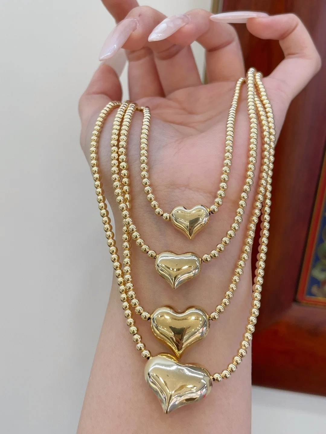 AU750 18K Gold Heart Bead Necklace Set 4 Sizes Solid Yellow Gold
