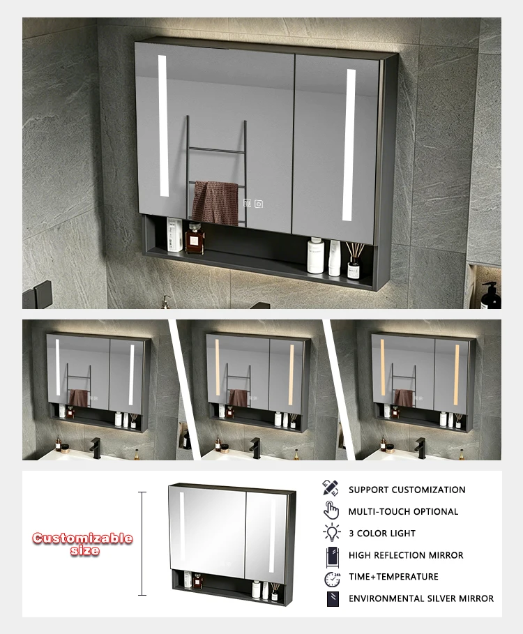 product light luxury aluminum bathroom cabinet hotel modern bathroom make up led mirror double door mirror cabinet for apartment-4